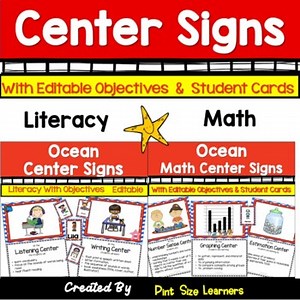 Center Signs Math and Literacy  Ocean Themed  With Objectives