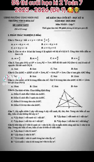 Đề thi cuối học kì 2 Toán 7 (25-26). 2K13 tham khảo nhé! 🥰👨‍🏫 #thaylengocdien #toanthaydien #capcut #learnontiktok #hoccungtiktok
