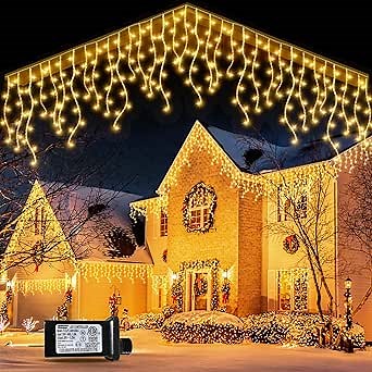 GYLEFY Icicle Christmas Lights Outdoor, 32.8 FT 400 LE Connectable Christmas Curtain String Lights with 8 Modes & Memory Timer Waterproof for Christmas Decorations Wedding Party Holiday (Warm White)