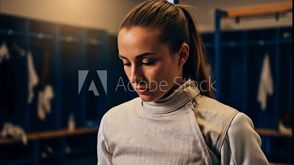 Woman in fencing uniform putting her hair into a ponytail, focusing in a locker room before or after sports training.