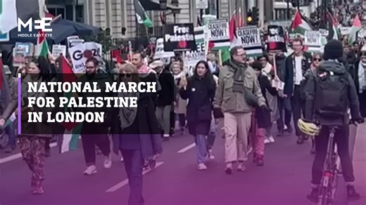 Video from the National March for Palestine in London, which started at Parliament Square in Westminster and marched to Hyde Park. The protesters called for an end to the war in Gaza in their 13th national march since the Israeli war on Gaza began last October. The protest was organised by the Palestinian Forum in Britain (PFB), Palestine Solidarity Campaign (PSC), Stop the War Coalition, Friends of Al-Aqsa (FOA), Muslim Association of Britain (MAB), and Campaign for Nuclear Disarmament. | Middl