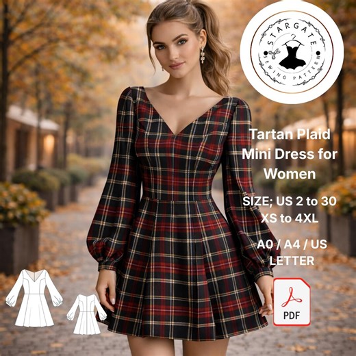 Tartan Plaid Mini Dress Sewing Pattern (digital Download) - Etsy