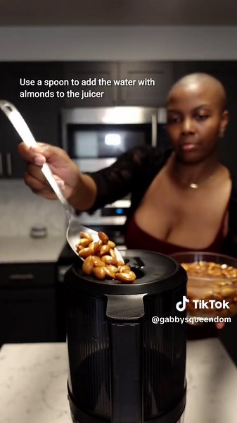 Almond Milk using my Juicer 🥛 so good! #almondmilk #namajuicer Soak almonds in a bowl of water overnight or for at least 8 hours. This process will make the nuts softer for optimal juicing. 2 cups of almonds Pour out the water and rinse the almonds. Add fresh water back into the bowl. Turn on your Nama Juicer and use a spoon to scoop the almonds and water (equal parts) into the juicer. Add a date (optional) Keep going until you've put in all the almonds and water. Add a pinch of salt (optional)