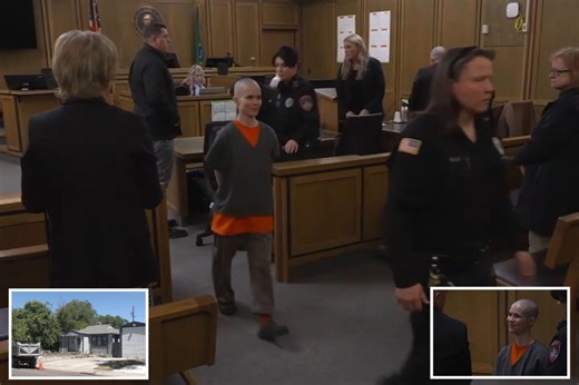 Bald-headed killer smiles as prosecutors reveal what she did before dad walked in