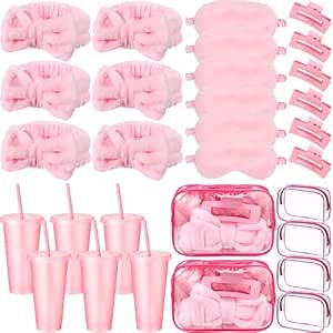 30 Pcs Spa Party Favor for Women Sleepover Party Supplies 6 Bow Headband 6 Eye Mask 6 Hair Clip 6 Cosmetic Bag 6 Glitter Plastic Cup for Adult Spa Birthday Bachelorette(Pink)