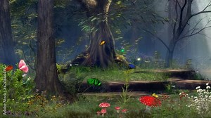 Landscape computer graphics animation of deep mysterious tropical forest with sun shine glimmering through trees in the morning rendered in 4K resolution.