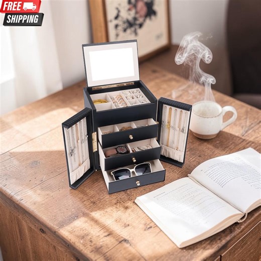 Large Jewelry Box Organizer With Mirror, 3 Drawer Jewelry Storage Case for Rings Necklaces Watches - Etsy Canada
