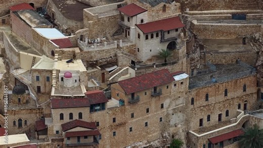 Aerial Mar Saba Monastery Israel Drone footage of Mar Saba Monastery in the Judean Desert canyon, November 2025, Israel
