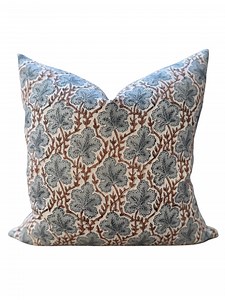 Coralie | Block Print Pillow Cover | Indian Linen | Blue Leaf & Terracotta Vine | Boho Handcrafted Decorative Throw Pillowcase - Etsy