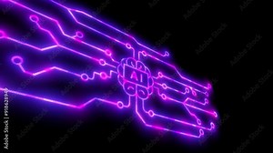 Circuit board animation. Circuit board showing electrons in motion Data Flow Loop Animation in the background. Artificial intelligence and brain text.