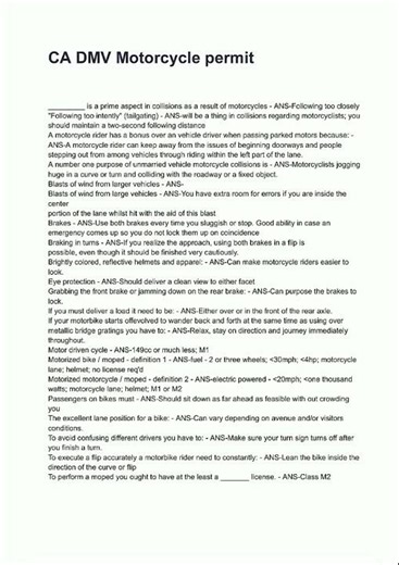 Latest CA DMV Motorcycle permit QUESTIONS AND CORRECT DETAILED ANSWERS WITH RATIONALES VERIFIED ANSW