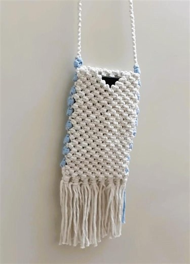 Handmade Macrame Cell Phone Bag With Tassels and Light Blue Flowers - Etsy