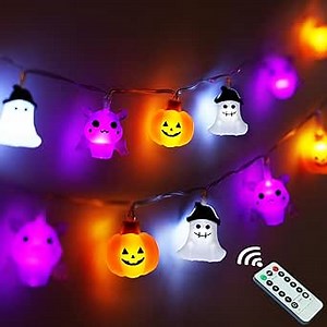 Halloween String Lights Decorations, 16.4 FT 30 LED Pumpkin Bat Ghost Spooky Battery Operated Cute Orange and Purple Cozy Remote Timer 8 Lighting Mode Twinkle Window Bedroom Porch Indoor Outdoor Decor