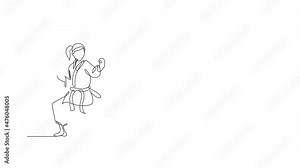Animation of one line drawing of sporty karateka girl in fight uniform with belt exercising martial art at gym. Healthy sport lifestyle concept. Continuous line self draw animated. Full length motion.