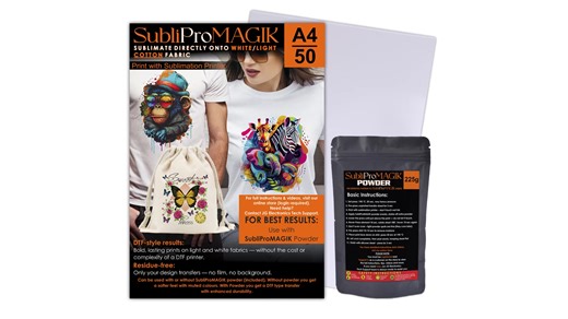 Want to sublimate on white and light coloured cotton T-shirts but want a result that lasts without an unsightly transfer in areas where there is no print ? Introducing SubliProMAGIK A4 transfer paper and SubliProMAGIK powder. - With this combination you get DTF like quality without the hassles of DTF. Easy to transfer - Simply print on the SubliProMAGIK paper with your sublimation printer, add the SubliProMAGIK powder, cure the powder in your press and then transfer the print onto the fabric and