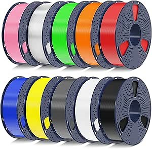 SUNLU PETG Filament 1.75mm 10KG Bundle, Individually Vacuum-Sealed, 3D Printer Filament 10kg, 1kg per Spool, 10 Pack, 10 Colors, Black+White+Grey+Blue+Red+Green+Orange+Yellow+Pink+Transparent