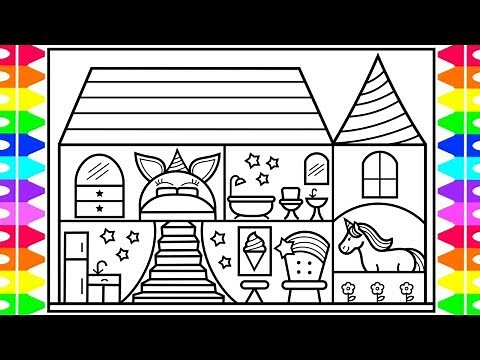 How to Draw a Unicorn House for Kids 🦄💜💚💛💖Unicorn House Drawing and Coloring Page for Kids