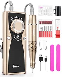 Electric Nail Drill Professional Kit: 45,000 RPM USB Rechargeable Efile Nail Drill Nail File with 12 Bits for Polishing Gel/Acrylic Nails- Portable Manicure Tool Set for Salon/Home-Gold