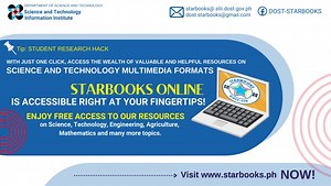 Do you need help with your research? Visit STARBOOKS Online now at www.starbooks.ph and register! STARBOOKS Online Portal is here to help you with your Science and Technology research. In just a few clicks and you can have access to loads of science and technology resources from Science and Technology Information Institute – Department of Science and Technology. #FreeSTARBOOKSForALL #STARBOOKSOnlinePortal #STARBOOKSPH | DOST-STARBOOKS