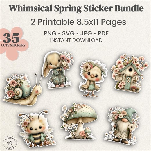 Whimsical Spring Sticker Bundle PNG SVG Jpg PDF, 35 Printable, Digital Download Stickers. - Etsy