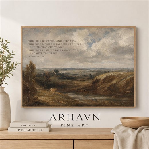 Large Framed Vintage Landscape Scripture Print, Neutral Faith Decor, Numbers 6:24–26 Christian Wall Art, Minimalist Home Canvas Wall Art - Etsy