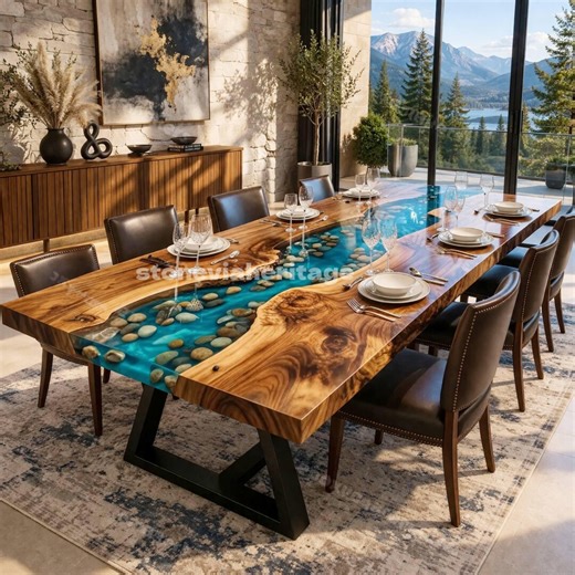 Teal Blue Epoxy River Dining Table | Live Edge Acacia Wood | Embedded Stones | Modern Handmade Furniture - Etsy