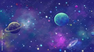 moving planets on the background of deep space with nebulae and stars