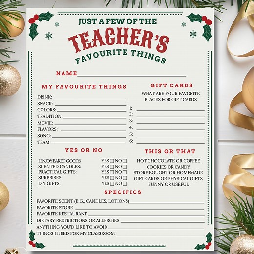 A Few of My Favorite Things Teacher Questionnaire Teacher Christmas List Teacher's Favorite Things Survey Holiday Gifts Wishlist Printable - Etsy