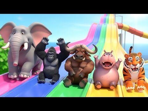 Long Slide Game With Elephant Gorilla Buffalo Hippopotamus Tiger - 3D Animal Game