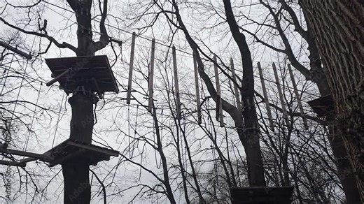 Suspended obstacle course in the park on the trees. Boards on ropes in the air. attraction. Cold