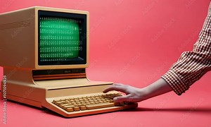 Retro personal computer or PC with loading code console, programmer making scripts, green basic screen. Vintage display or screen. Seamless loop animation
