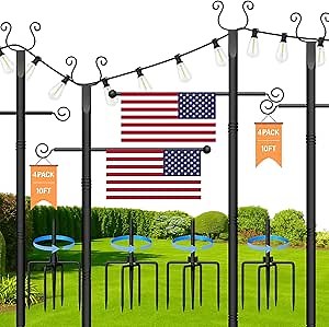 4 Pack String Light Poles 10 Ft - Patio Adjustable Stand with Fork, Backyard Heavy Metal Lighting Posts for Outside Deck Wedding Garden Party
