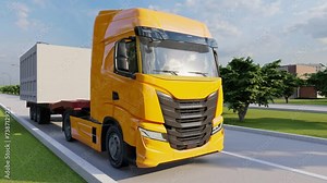 3D rendering Freight vehicle transporting concrete modul construction. Panel modul on trailer truck. Construction of multi-storey buildings.