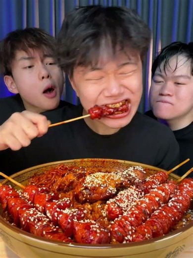 Spicy and tasty korean noodles with spicy chicken leg and chicken sausages | Spicy food vs 3 bros