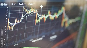 Day trading crypto currency or stocks on a financial price candlestick chart on a computer screen.