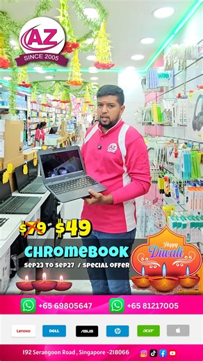 AZ Digital World on Instagram: "💻✨ Mega Diwali Deal @ AZ Digital World! ✨🎉 🔥 Chromebook – Just $49 ONLY! 🔥 ✅ Lightweight & fast ✅ Perfect for students, work & daily use ✅ Unbeatable value this festive season! 📍 Available exclusively at: AZ Digital World, 192 Serangoon Road, Singapore 218066 📞 Enquiries: +65 6980 5647 | +65 8121 7005 🔔 FOLLOW US for more unbeatable festive tech deals: 📸 Instagram | 👍 Facebook | ▶️ YouTube | 🎥 TikTok ⚡ Limited stock – Grab your Chromebook before it’s gon