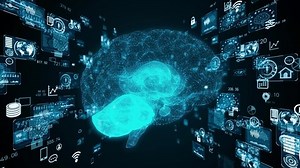 AI (Artificial Intelligence) concept. Deep learning. GUI (Graphical User Interface). 3D rendering.