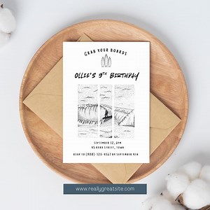 Surfboard Birthday Invitation: Black and White Surf Party (canva Template) - Etsy