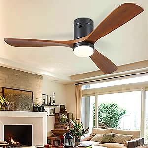 52" Wood Ceiling Fan With Light and Remote - 3 Solid Wood Blades, Reversible, Timing - Farmhouse Flush Mount Fan for Indoor/Outdoor Use