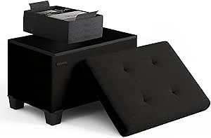 STORAGEBUD Storage Ottoman Cube with Small Bin, 16-in Square Ottoman with Storage for Living Room and Bedroom, Small Ottomans Foot Rest, Velvet Foot Stools Ottomans Max 330lbs, Black