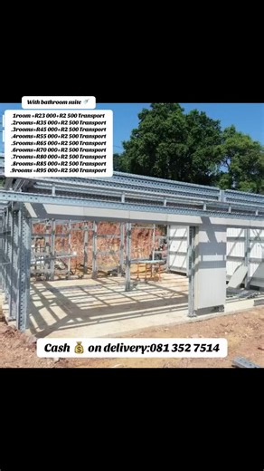 Hello we are offering 🤲Prefab/Deck concrete House for sales🏡 Without Bathroom suite🚿 .1room =R12 000 R2 500 Transport .2rooms=R23 800 R2 500 Transport .3rooms=R35 800 R2 500 Transport .4rooms=R44 500 R2 500 Transport .5rooms=50 000 R2 500 Transport .6rooms=60 000 R2 500 Transport .7rooms=69 000 R2 500 Transport .8rooms=78 000 R2 500 Transport .9rooms =83 000 R2 500 Transport With bathroom suite 🚿 1room =R23 000 R2 500 Transport .2rooms=R35 000 R2 500 Transport .3rooms=R45 000 R2 500 Transpor