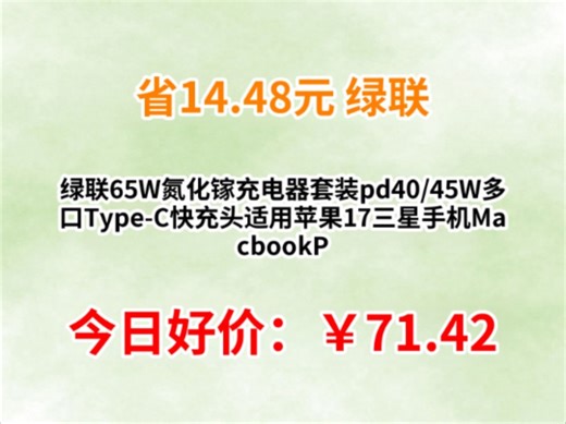绿联65W氮化镓充电器套装pd40/45W多口Type-C快充头适用苹果17三星手机MacbookPro笔记本电脑配数据线*2件
