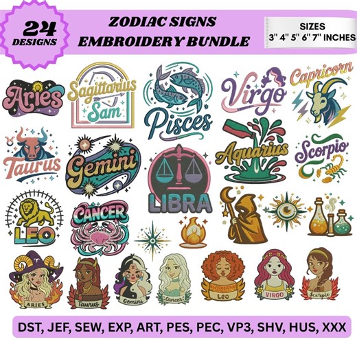 Zodiac Machine Embroidery Designs Bundle Astrology Star Signs Embroidery Zodiac Sign Icons Horoscope Embroidery Files (5 Sizes) - Etsy