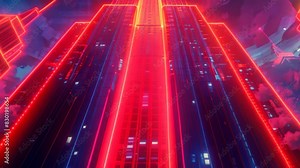A very tall building lit up with vibrant neon lights towering over the cityscape, A futuristic interpretation of the Empire State Building with glowing neon accents