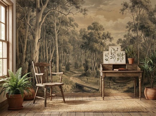 Vintage Forest Mural – Sepia Woodland Path With Trees and Bridge Wallpaper - Etsy