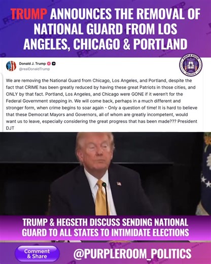 DaMon Cortez on Instagram: "On December 31, 2025, President Donald Trump announced on Truth Social that he is removing National Guard troops from Los Angeles, Chicago, and Portland. This move represents a major policy reversal following months of legal challenges and resistance from state and local leaders. Key Details of the Announcement Reasoning Provided: Trump stated the removal was possible because “CRIME has been greatly reduced” by the presence of federal forces in those cities. Condition