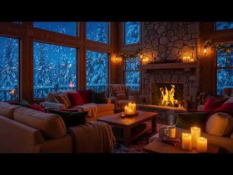 Winter Cabin in the Alps - Heavy Snowfall Outside and Warm Fire Ambience for Meditation