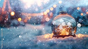 snow globe kept on white table, blurred in white snow with landscape home Christmas, christmas time, winter, snow falling. seamless looping time-lapse virtual 4k video animation