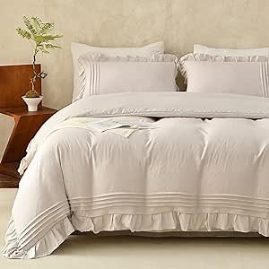 King Size Beige Comforter Set Vintage Ruffle Bedding Set Beige Cream Pleated Duvet Shabby Chic Rustic Farmhouse Bedding Comforter Set French Style