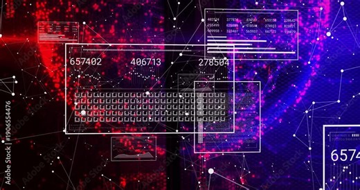 Nodes sparking wireframe keyboard emerging grid pulsing and numbers updating showing data flow